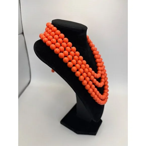 Vintage Coral Orange Multi Beaded 4 Strand Acrylic Choker Statement Necklace Uns - Picture 3 of 5